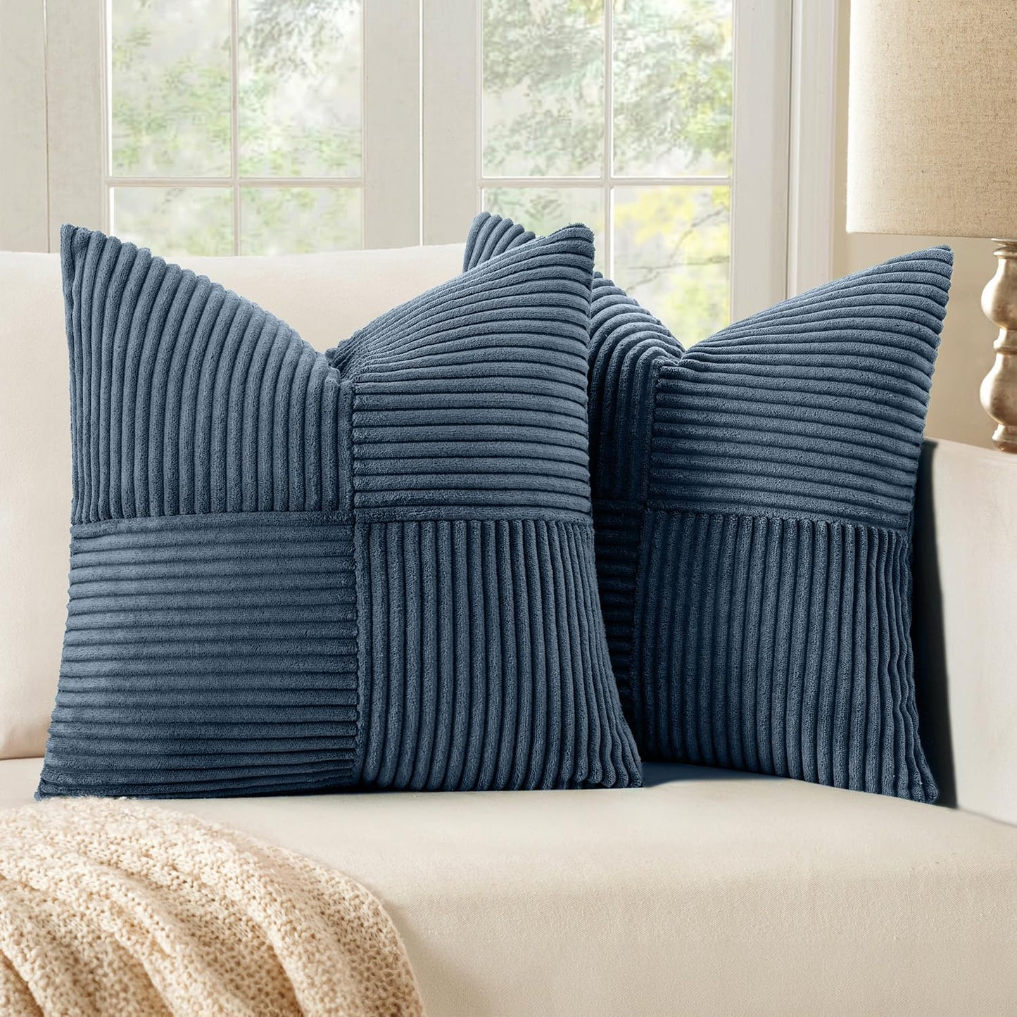Blue Corduroy Pillow Covers Pack of 2 Boho Decorative Spliced Throw Pillow Covers Soft Solid Couch Pillowcases Cross Patchwork Textured Cushion Covers for Living Room Bed Sofa 18X18 Inch