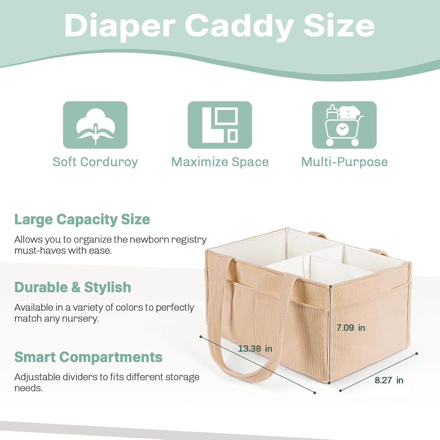 Baby Diaper Caddy Organizer - Portable Nursery Storage Basket for Newborn Essentials, Foldable Diaper Bag Organizer for Baby Shower Gifts and Registry Must-Haves, Car Organizer with Dividers (Brown)