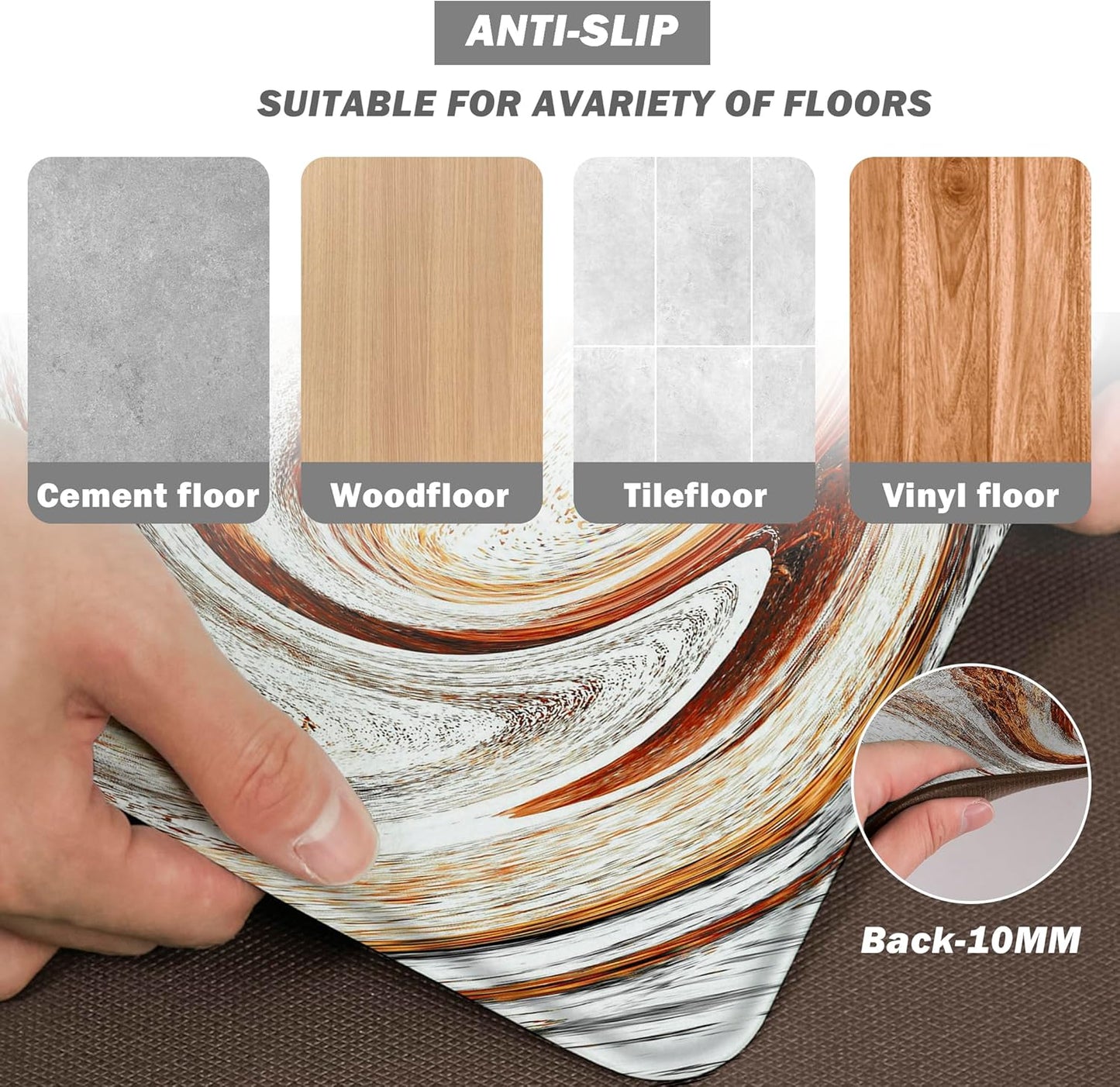 Kitchen Mats for Floor anti Fatigue Floor Marble Cushioned Memory Foam Non Slip PVC Leather Padded Comfort Standing Rugs Set of 2, 17.3X28+17.3X47 Inch,0.4 Inch Thick