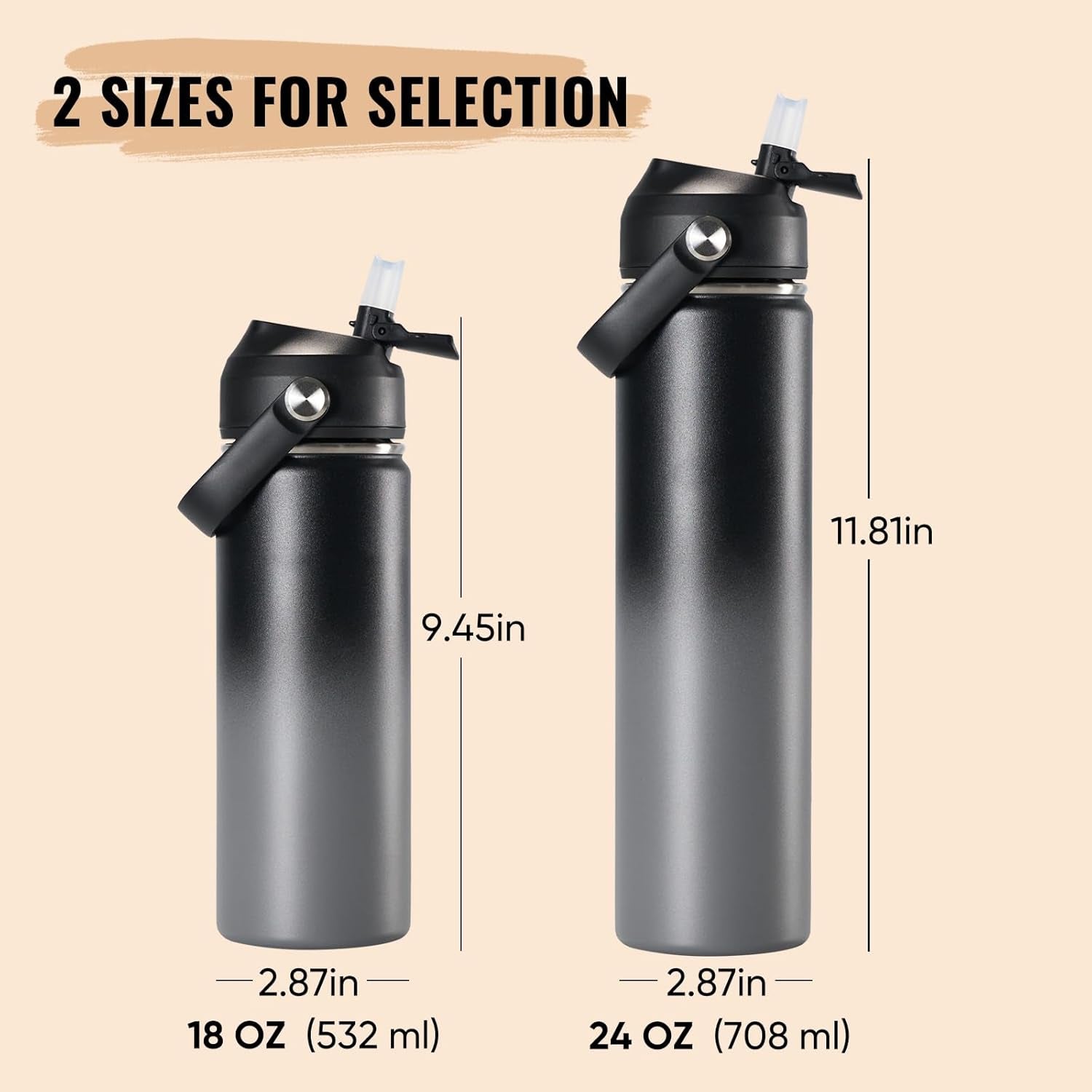 18Oz Insulated Stainless Steel Water Bottle, Wide Mouth Double Wall Vacuum, Silicone Straw, Sweat & Leak Proof, BPA Free Insulated Water Flask for Travel, Keep Cold 24H Hot 12H, Grey