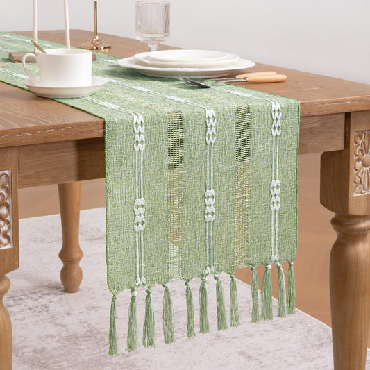 Farmhouse Table Runner 48 Inches Macrame Woven Coffee Table Runner Cotton Rustic Fall Thanksgivingtable Runner with Tassels for Boho Home Decor Dining Living Room 13X48 Inches Sage Green