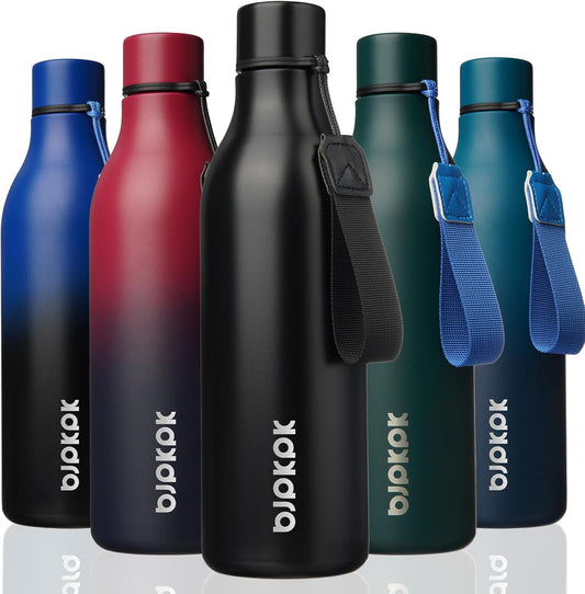 Insulated Water Bottles, 25 Oz Stainless Steel Metal Water Bottle with Strap, BPA Free Leak Proof Thermos, Mugs, Flasks, Reusable Water Bottle for Sports & Travel, Black
