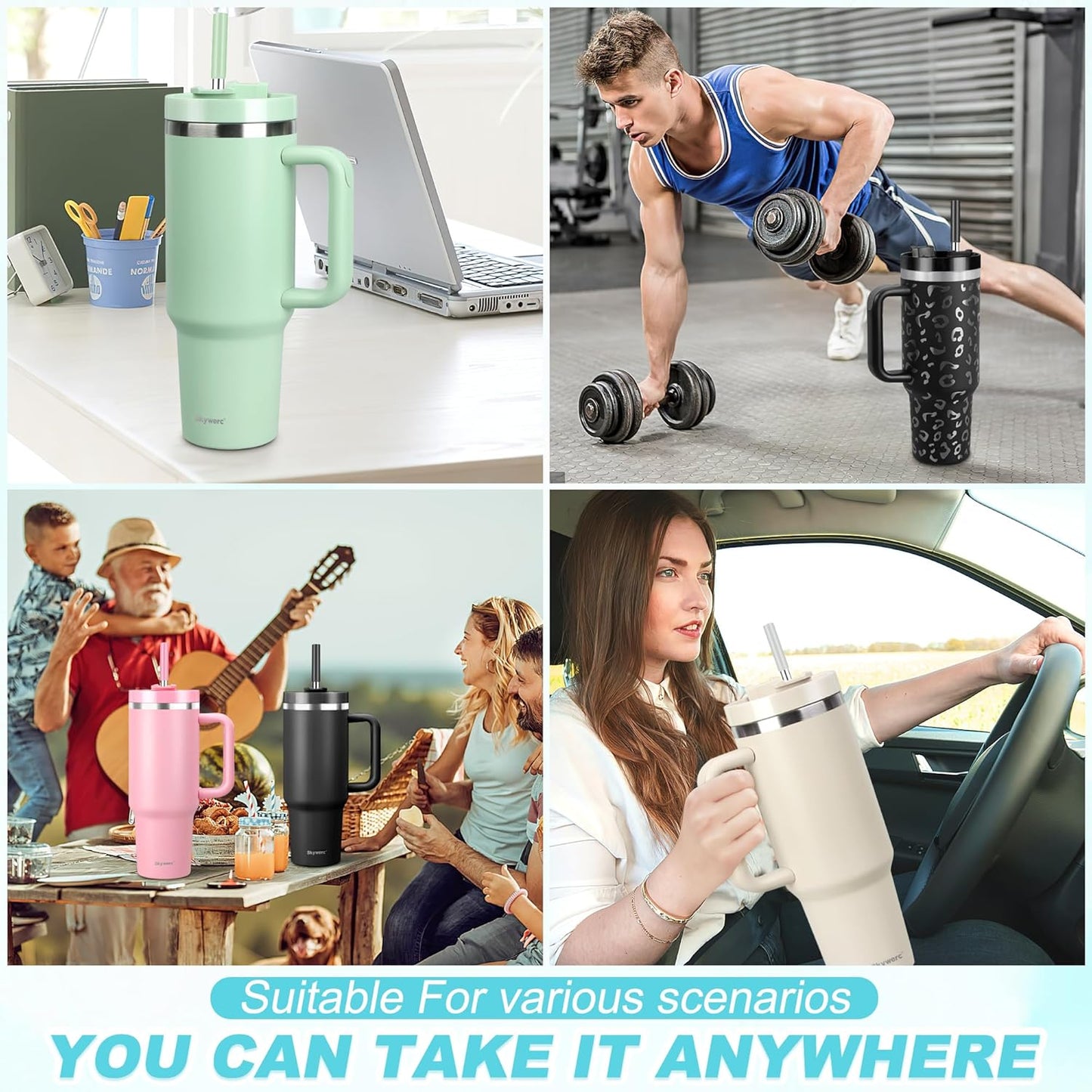 40 Oz Tumbler with Handle and Straw, 2 in 1 Lid, Vacuum Insulated Stainless Steel Double Wall Water Bottle Travel Mug - Holiday Gifts for Women Men - Pink