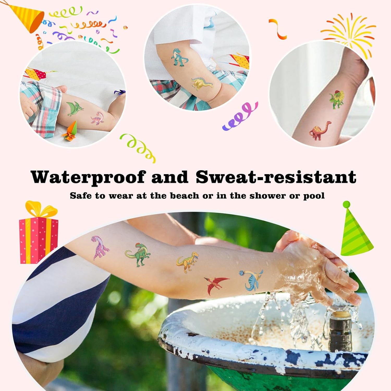 104 PCS Dinosaur Temporary Tattoos for Kids Party Supplies, Temp Tattoo Stickers for Kids Girls Boys Birthday Party Favors Activities