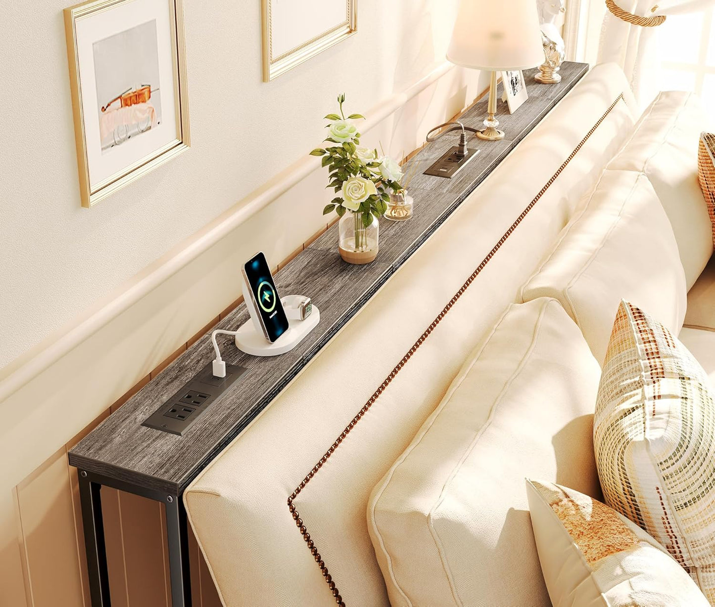 5.9-Inch Console Table with Integrated Charging Station, Sofa Table for Behind Couch, Metal Frame, Charcoal Grey Finish, Dimensions: 5.9 x 39.4 x 29.1 Inches