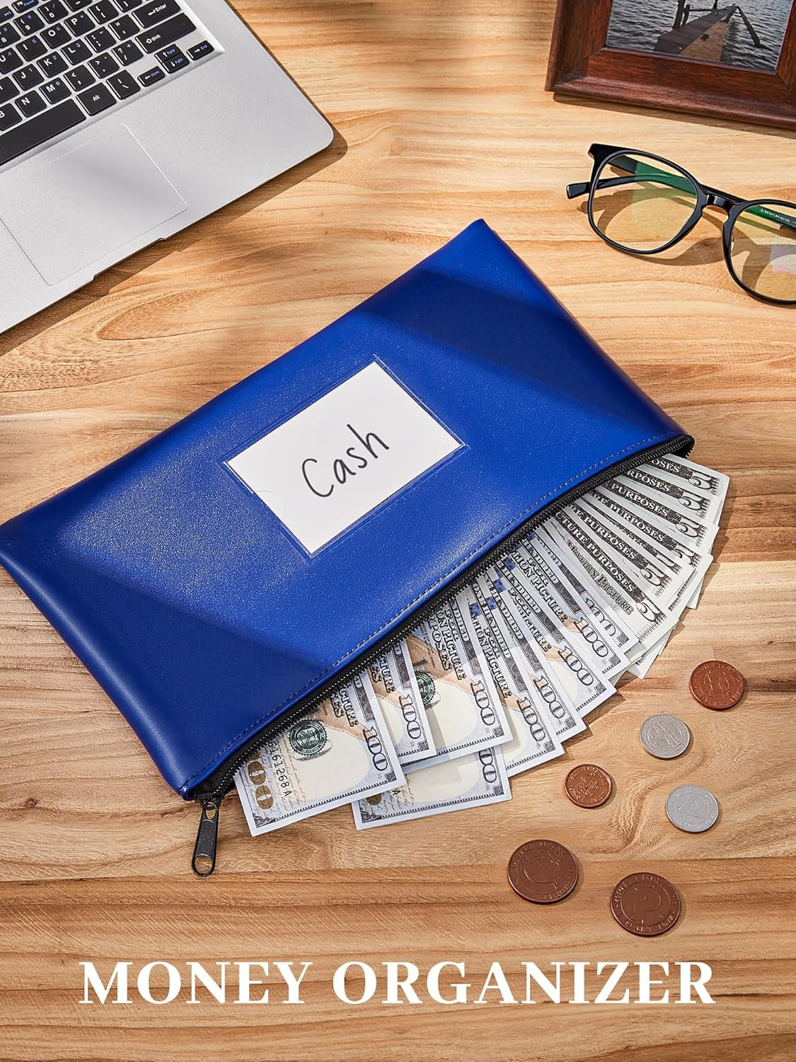 Money Bags with Zipper, 2-Pack Bank Bags with Label, Waterproof Leather Money Pouches, for Cash Coin Bill Invoice Deposit Receipt Storage and Organize, 11.5 X 6.2 Inches (Blue)