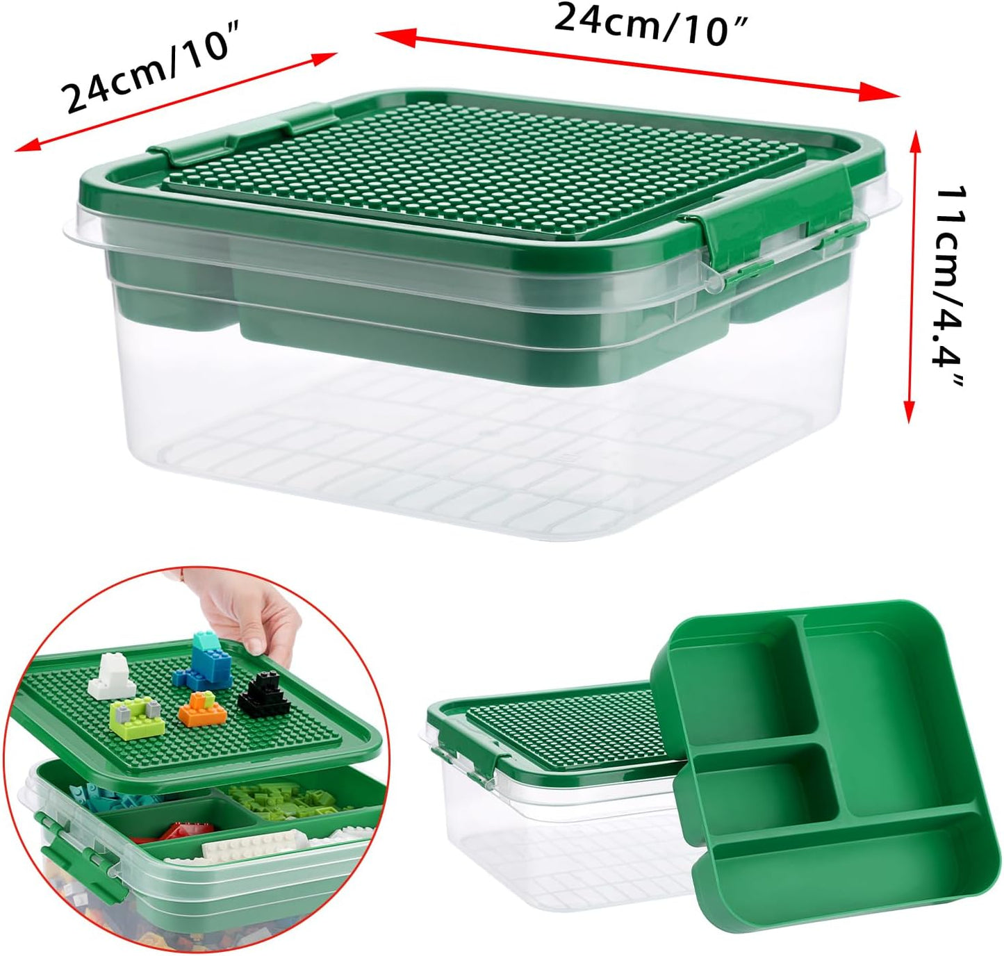 Plastic Storage Container with Brick Baseplate Lid for Building Blocks, Compartmentalized Organizer Tray, Stackable Storage Box for Building Block Collection (Green)