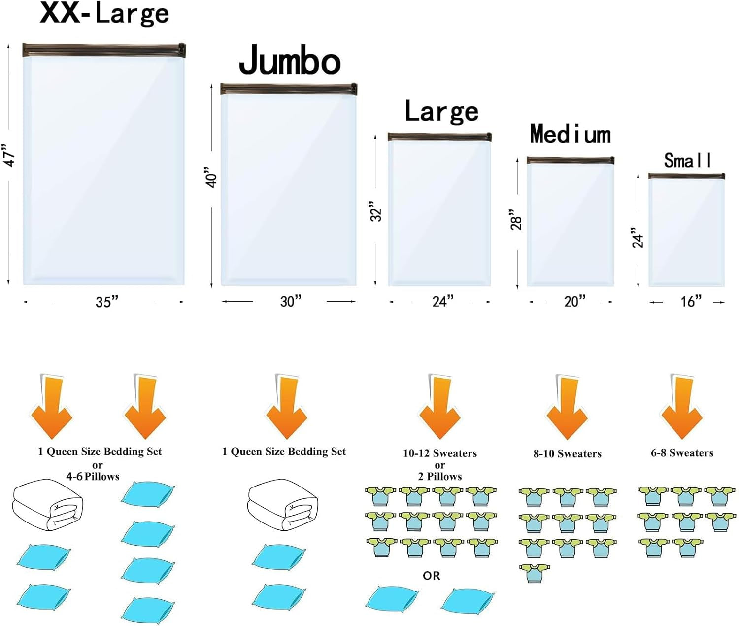 10 Medium Vacuum Storage Bags, Space Saver Sealer Compression Bags for Blankets, Comforters, Pillows, Clothes Storage