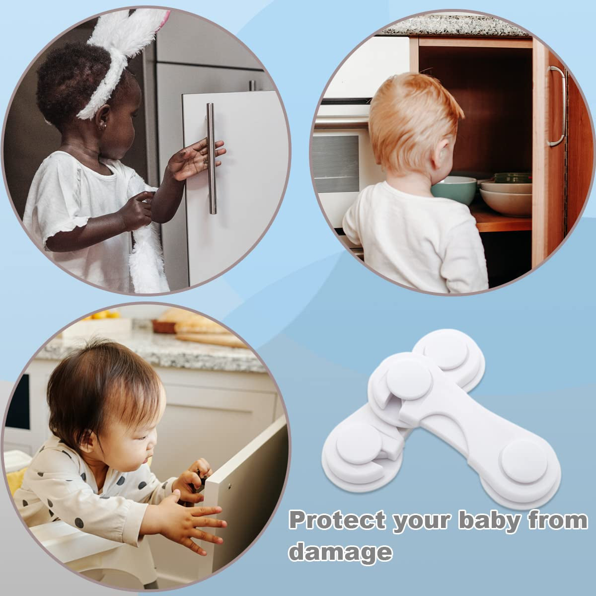 Child Safety Cabinet Door Locks - 4-Pack Adhesive Childproof Latches for Drawers, Cupboards, Refrigerators, Closets, and Pantries (White)