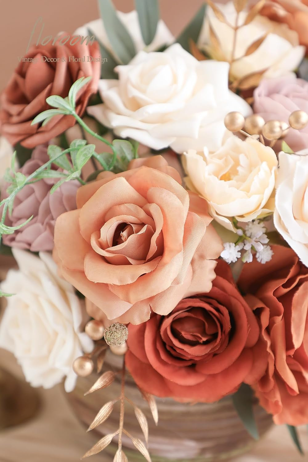 Terracotta Artificial Floral Arrangement Set with Burnt Orange Roses, Peonies, and Dahlias for DIY Wedding Bouquets, Bridal Showers, Centerpieces, and Home Decor