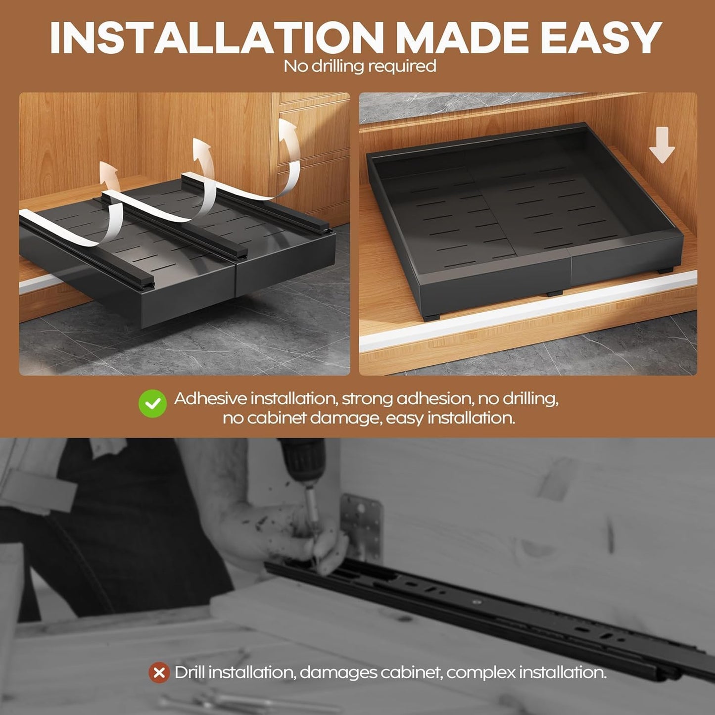 Expandable Pull-Out Cabinet Organizer Set - 21" Deep with Adjustable Width (12.05"-20.4"), Enhanced 3-Slide Rail Design, Black