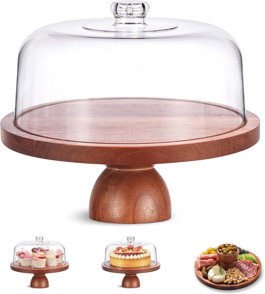 Wood Cake Stand with Lid, 2-In-1 Wooden Cake Plate & Covered Charcuterie Board, Footed Cake Container Dessert Display Holder with Dome Cover for Weddings, Parties, Bakeries (12 Inch)