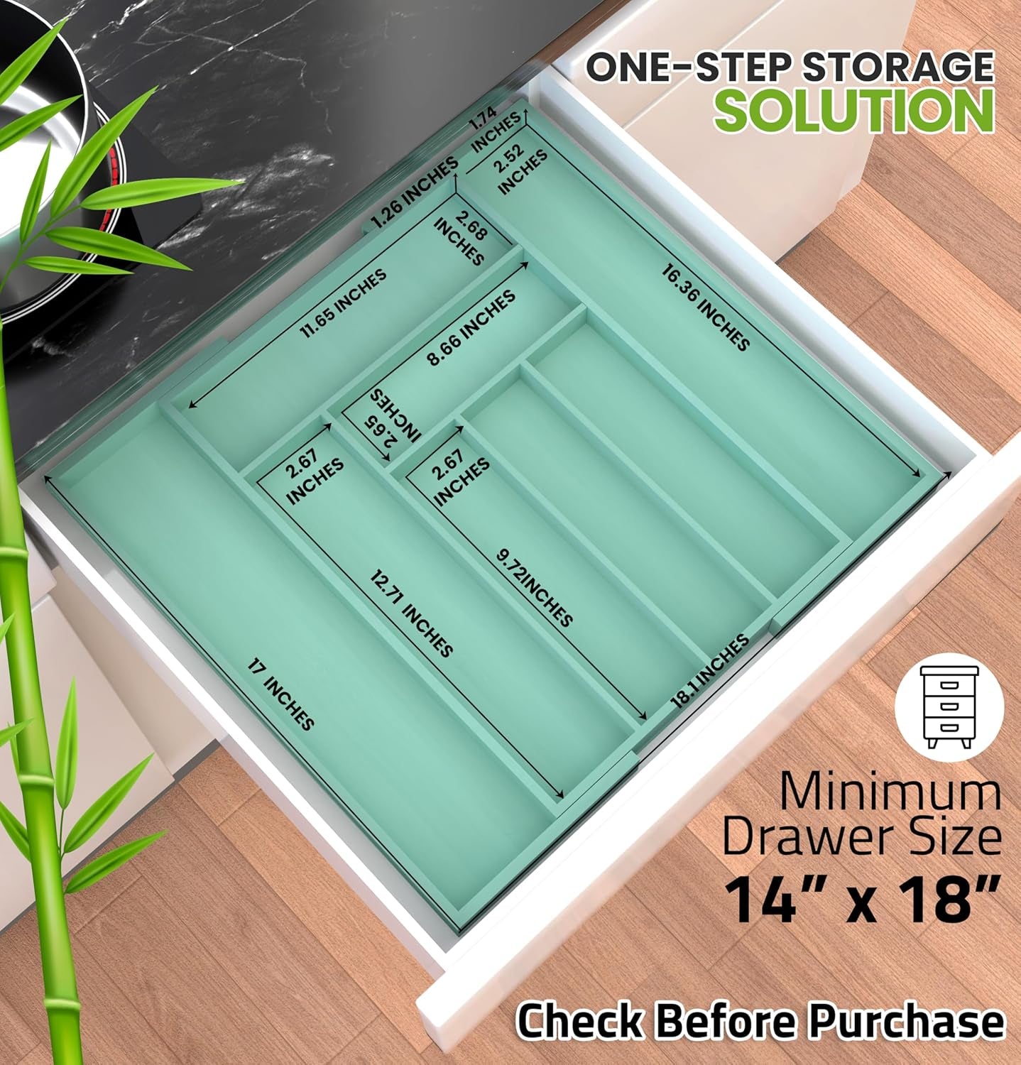 Expandable Bamboo Utensil Drawer Organizer, Silverware Organizer for Cutlery, Utensils, Flatware Holder (6-8 Slots, Mint) Pack of 1