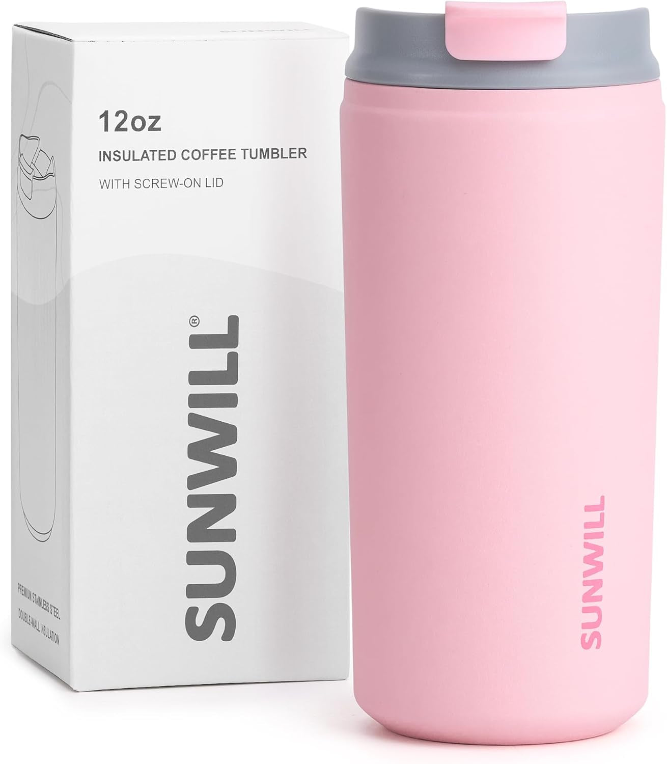 Insulated Coffee Mug with Lid, Leak Proof Tumbler Stainless Steel, 12 Oz Travel Cup for Office, Home, Powder Coated Light Pink