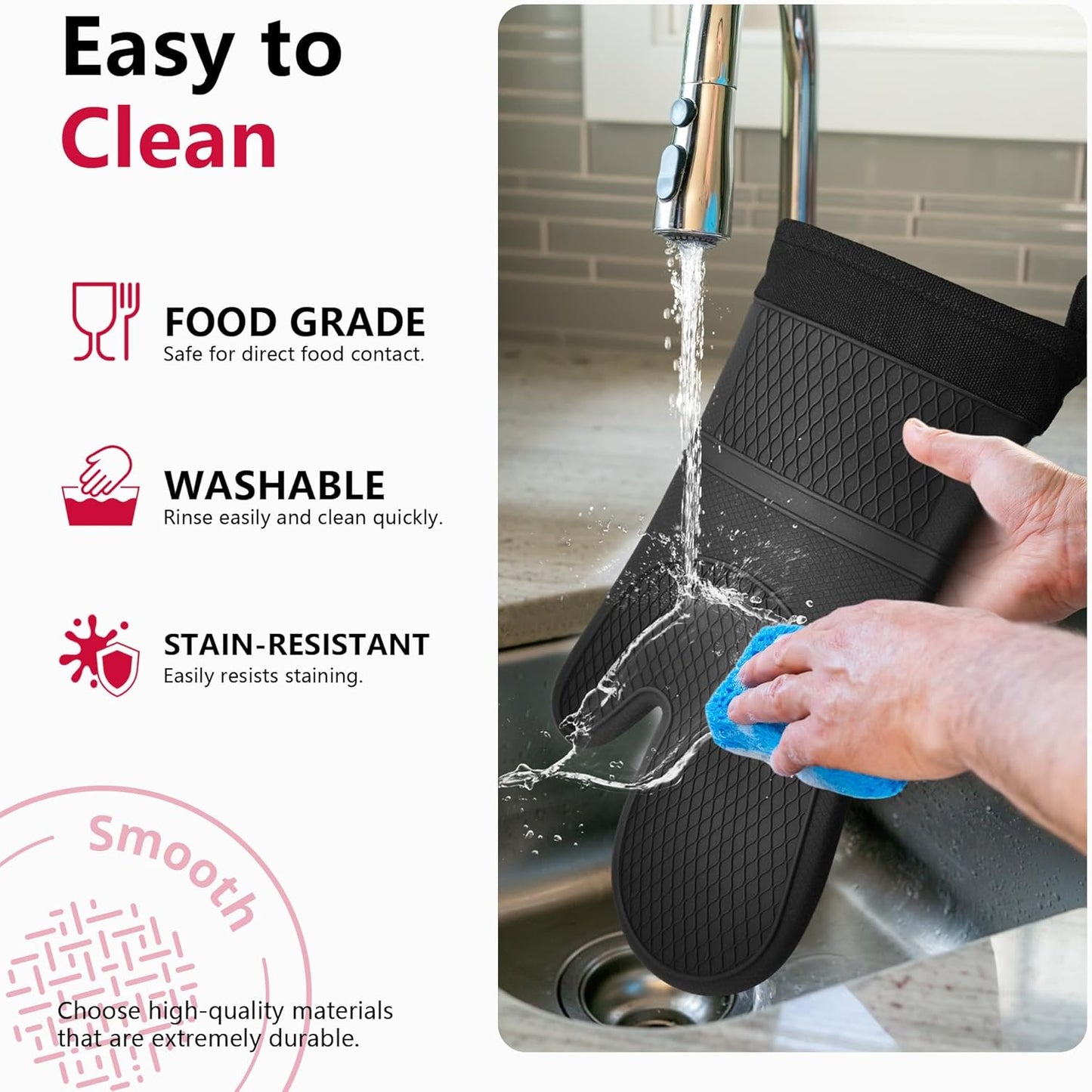 Extra Long Silicone Oven Mitts with Pot Holders with Soft Cotton Lining Non-Slip Textured Grip, Heat and Slip Resistant Oven Mitts with Pot Holders for Baking, Cooking, Black