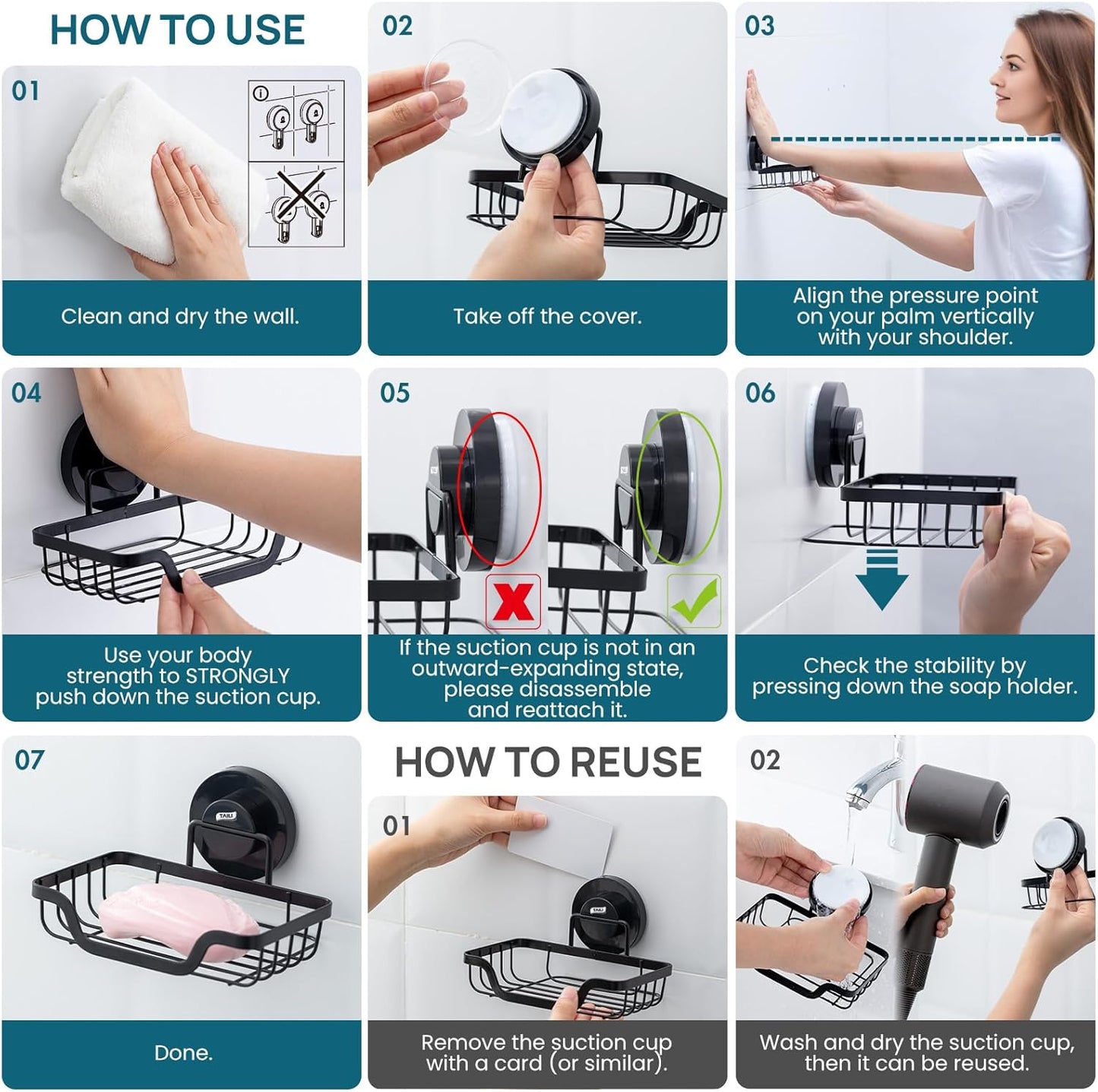 Soap Holder Bar Dish Suction Cup, Bar Shampoo Rack for Shower Wall, Draining Soap Saver Tray for Bathroom, Rustproof Stainless Steel Sponge Holder for Tub, Kitchen, Drill-Free, Black