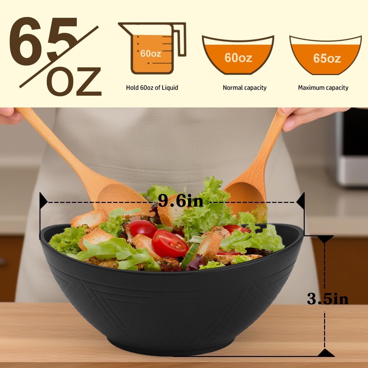 Large 9.6-Inch Oval Serving Bowls - Set of 4, 60 Oz Capacity, Ideal for Salads, Side Dishes, and Pasta, Microwave & Dishwasher Safe, Black