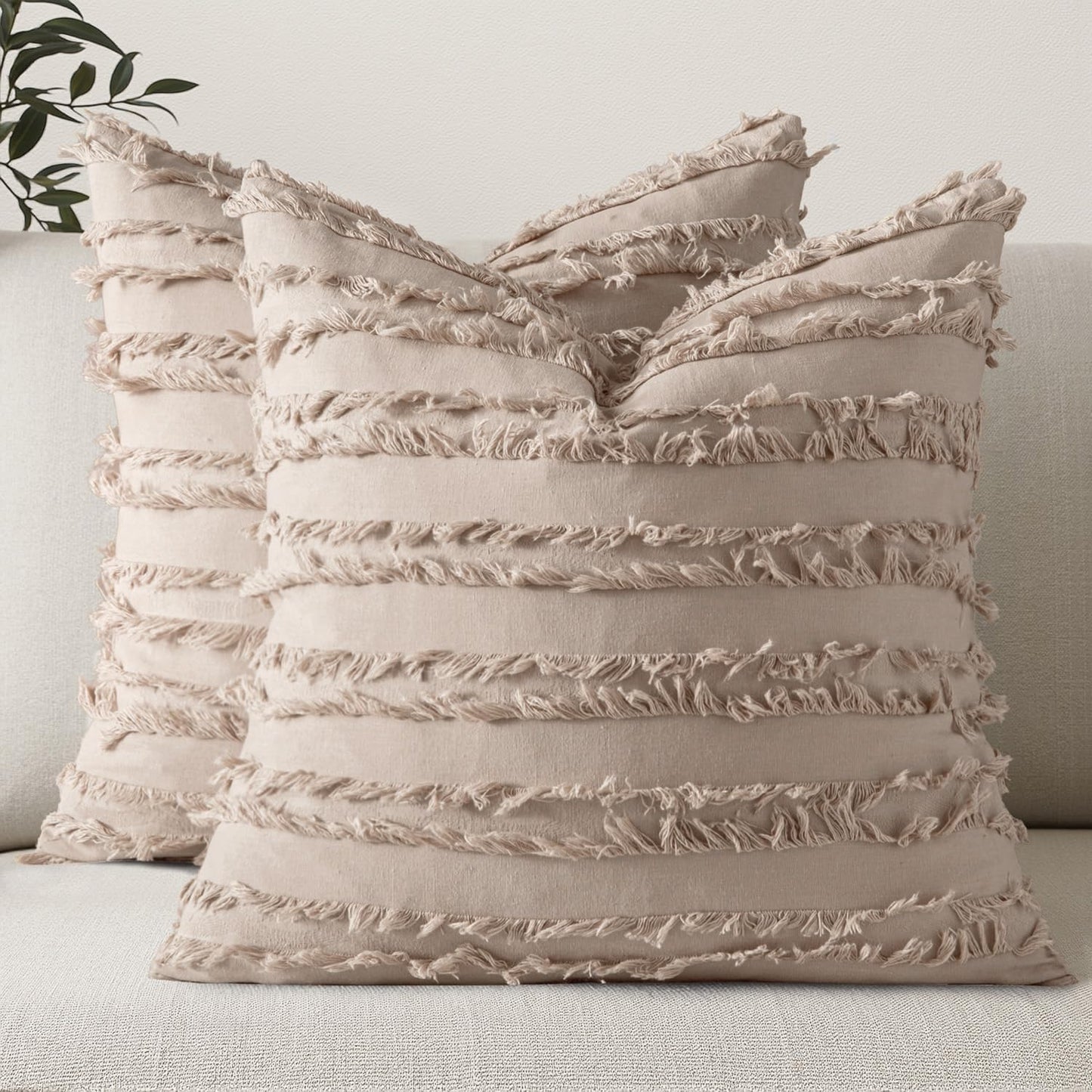 Set of 2 Decorative Boho Throw Pillow Covers Linen Striped Jacquard Pattern Cushion Covers for Sofa Couch Living Room Bedroom 18X18 Inch Beige