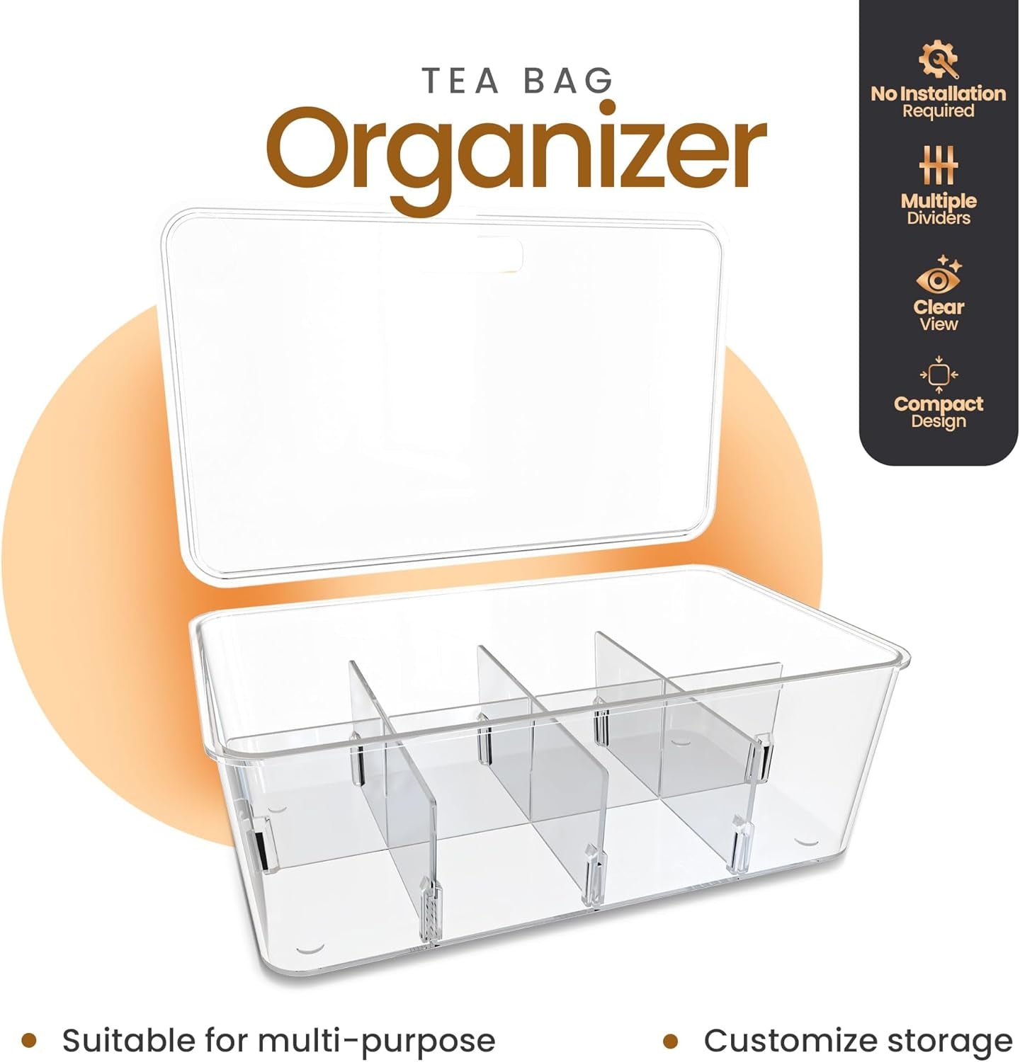 Tea Bag Organizer with Lids – 3 Pack Stackable Pantry, Cabinet & Fridge Storage Organizer for Kitchen, Snacks & Spices