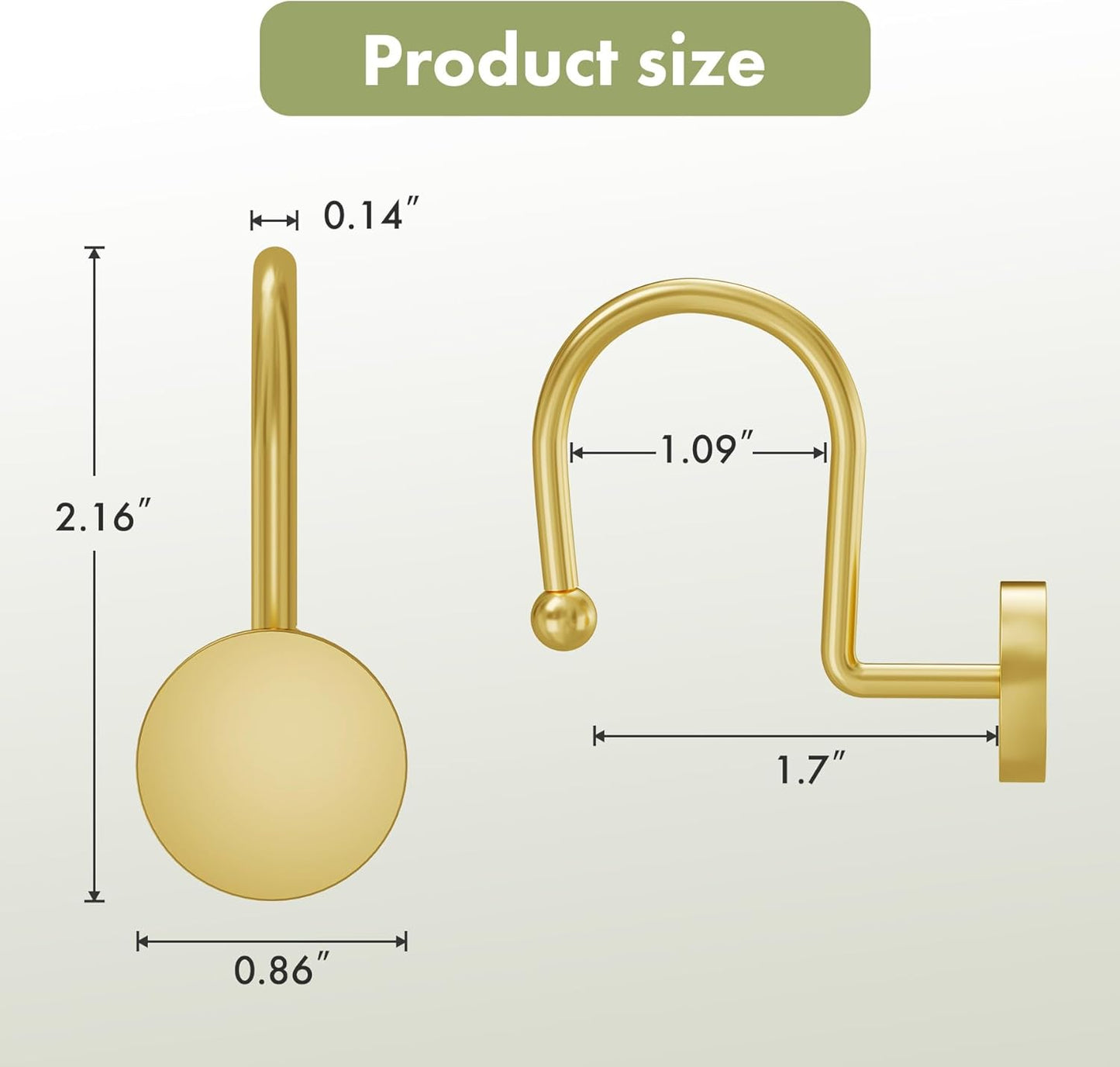 Gold Shower Curtain Hooks, Shower Curtain Rings Modern Decorative Shower Curtain Hooks Rust Proof Smooth Metal Shower Hooks for Shower Curtain Hangers Bathroom Shower Rod Hook, 12Pcs