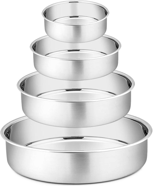 Cake Pans Sets for Baking, 4" + 6" + 8" + 9.5" 4 Piece Stainless Steel round Cake Pans Tin, Oven/Pot/Dishwasher Safe, Combination of Different Sizes, Leak-Proof & Easy Clean
