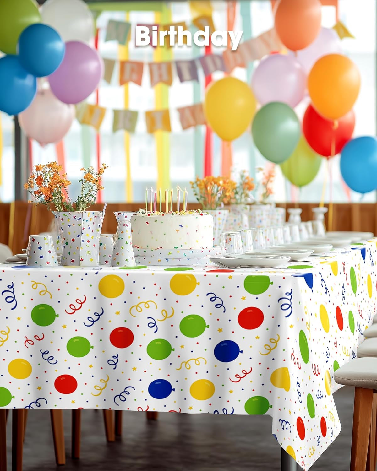 Plastic Table Cloth Disposable 10 Pack, 54 X 108 Inch Table Cloths, Birthday Party Decorations, Picnic, White Tablecloths, Rectangle, Colorful, Rainbow Cover, Leakproof & Sturdy, Balloon
