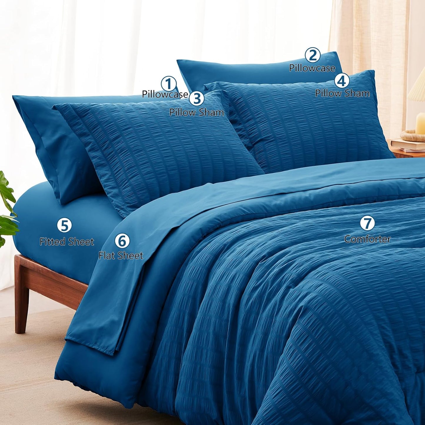Full Seersucker Comforter Set with Teal Bed in a Bag 7-Pieces All Season Bedding Sets with Comforter, Pillow Sham, Flat Sheet, Fitted Sheet, Pillowcase