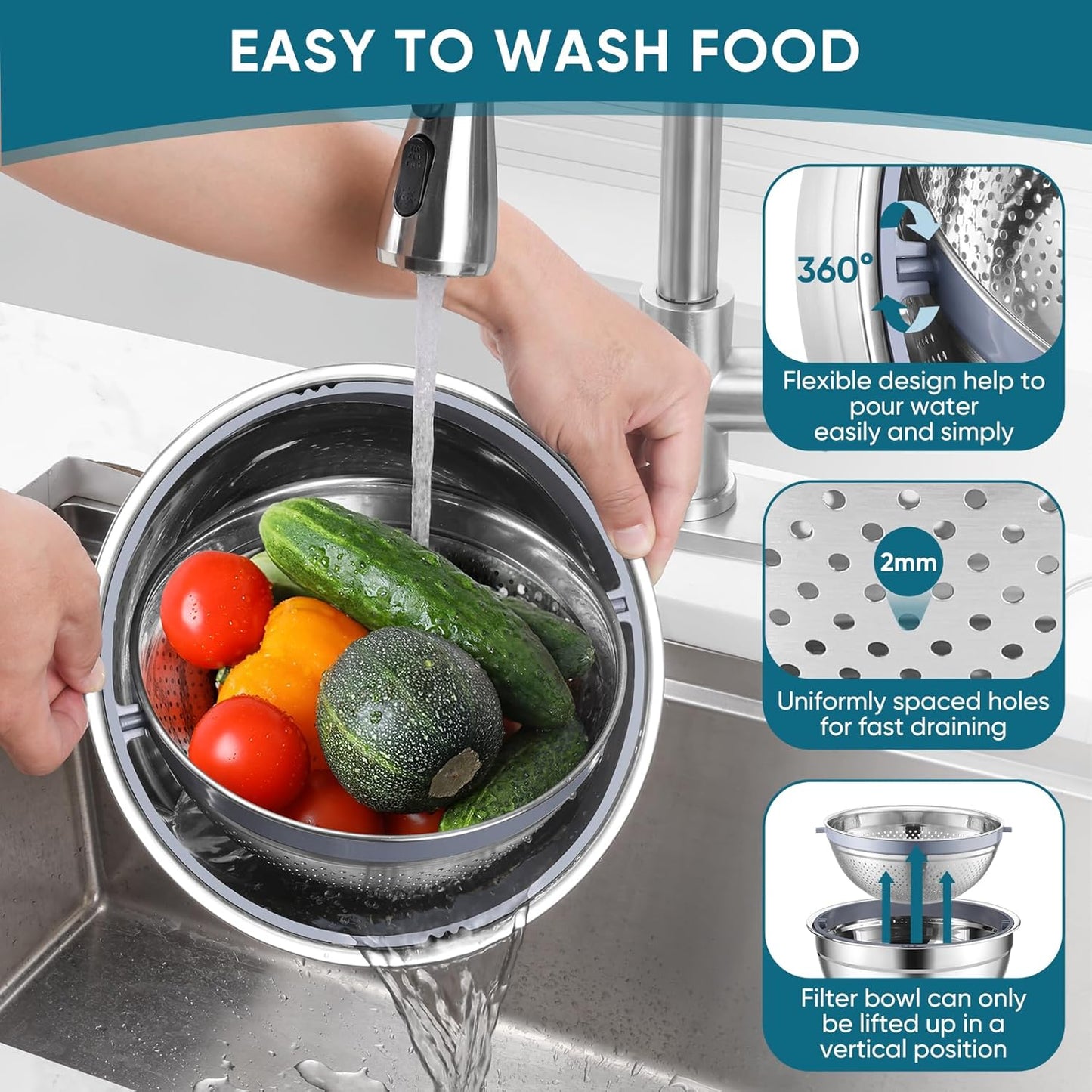 Mixing Bowls with Lids Set of 3, Stainless Steel Mixing Bowl and Colander for Kitchen, 3 Grater Attachments & Non-Slip Bottoms, Visible & Airtight Lid, Blue