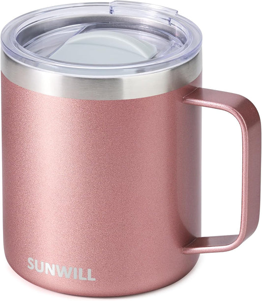 Travel Coffee Mug with Lid, Insulated Tumbler with Handle, 14 Oz Stainless Steel Cup for Ice, Water, Tea, Rose Gold