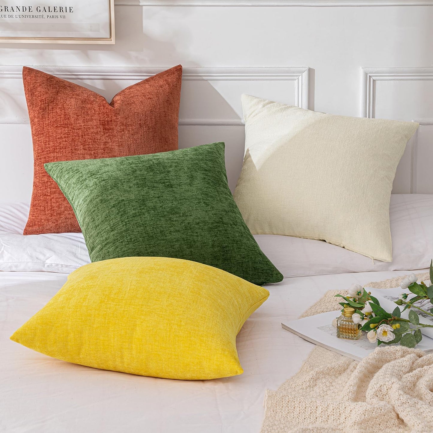 Fall Couch Throw Pillow Covers 18X18 Inch Set of 4 Orange-Green Soft Chenille Pillowcases Western Farmhouse Boho Cushion Shams for Spring Modern Home Decor Sofa Living Room Bed Gradient Series
