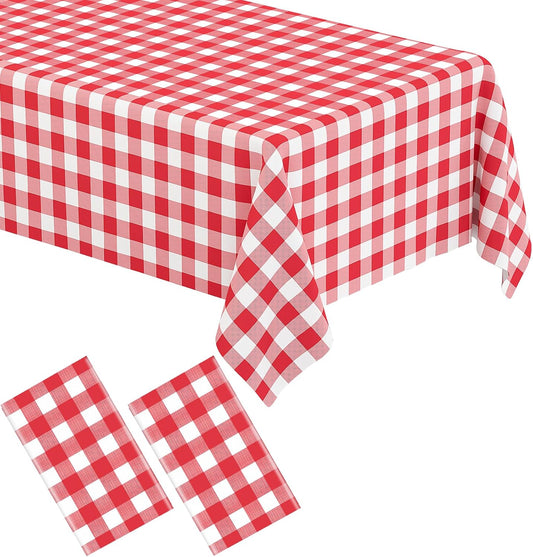 2 Pack Red Gingham Tablecloth Rectangular Red and White Checkered Tablecloths Disposable Plastic Red Plaid Table Cover for Parties, Christmas, Outdoor Picnic, Birthday, Wedding, Camping 54 × 108