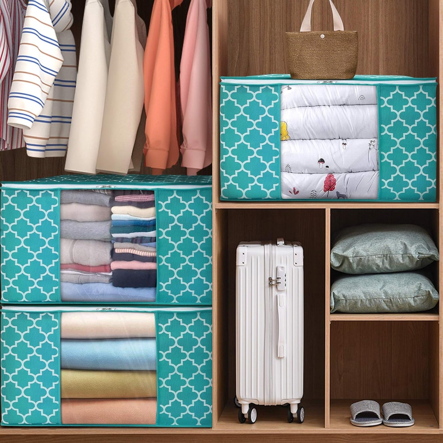 Storage Bags 100L 2-Pack Large Blanket Clothes Organization and Storage Containers for Bedding, Comforters, Foldable Organizer with Reinforced Handle, Clear Window, Sturdy Zippers,Green