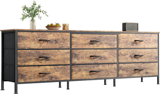 63-Inch Rustic Brown Dresser with 9 Drawers, Versatile Entertainment Center and Large TV Stand for 55-70 Inch TVs
