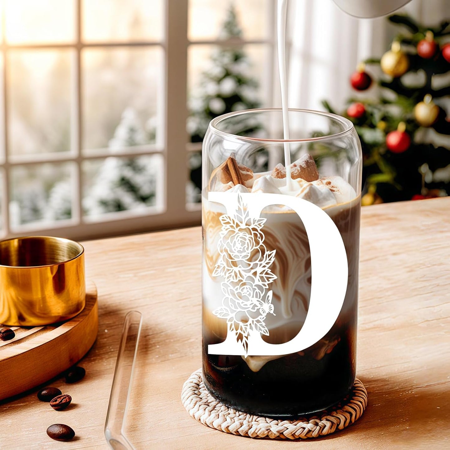 Gifts for Holidays,Birthday Gifts for Women,Personalized Initial Glass Cup as Iced Coffee Cups,Aesthetic Smoothie Cup Cute Beer Tumbler,16 Oz Glass Cups with Lids and Straws-D(1Psc)
