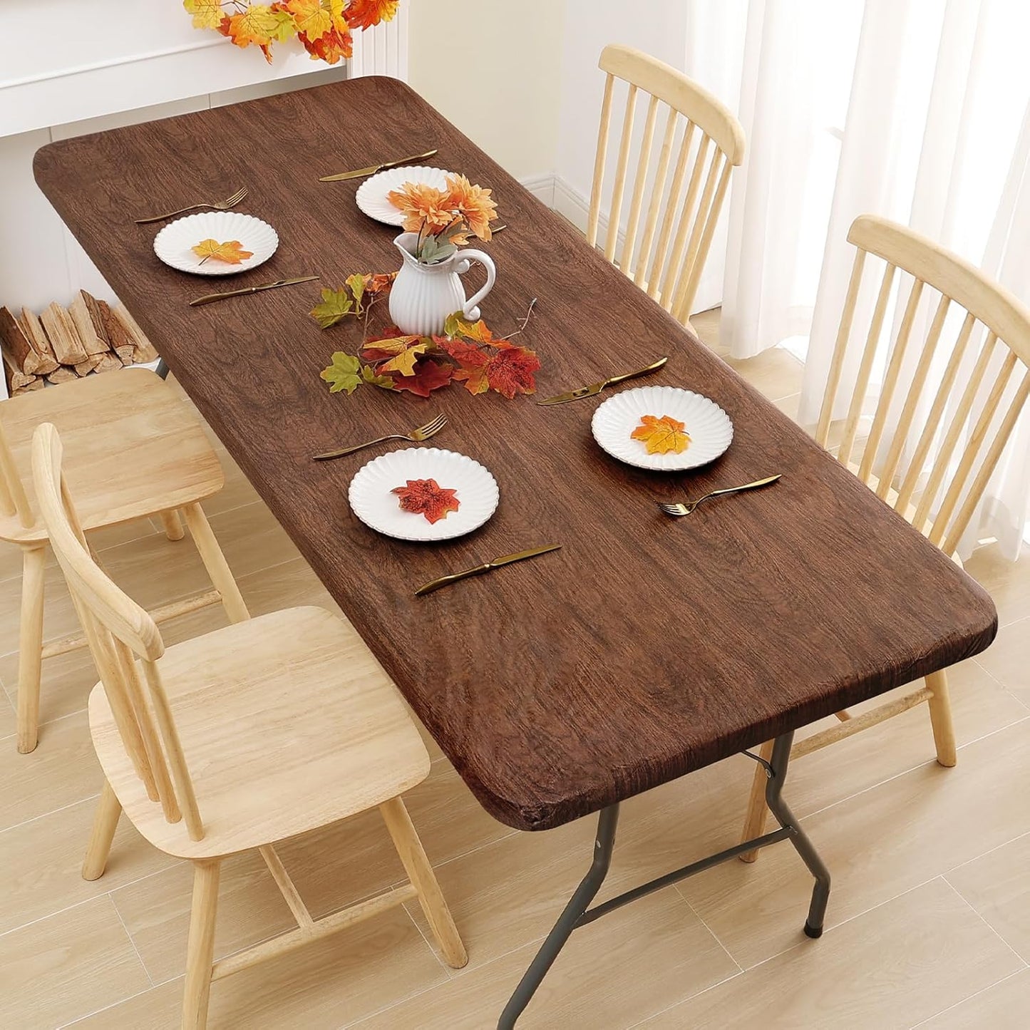 Rectangle Picnic Tablecloth, Waterproof Elastic Fitted Table Covers for 6 Foot Tables, Wipeable Flannel Backed Vinyl Tablecloths for Camping, Indoor, Outdoor (Brown, 30X72 Inches)