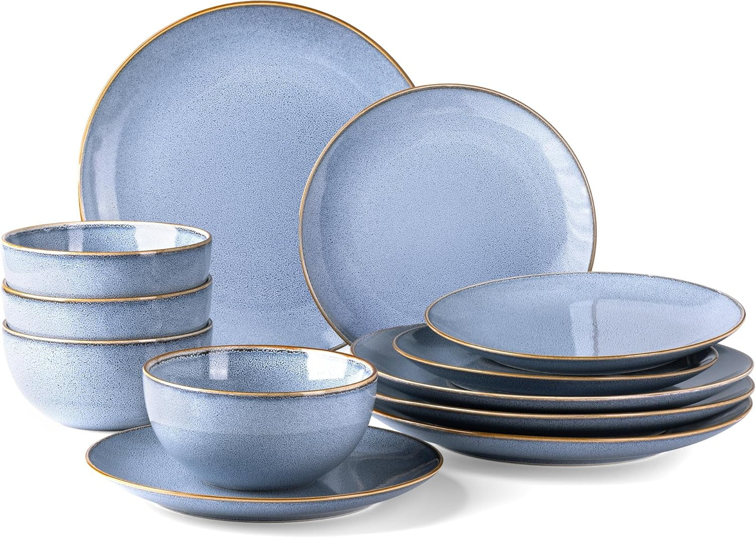 Ceramic Dinnerware Set for Four - 12-Piece Stoneware Plate and Bowl Collection with Reactive Glaze, Scratch Resistant, Dishwasher and Microwave Safe - Brunnera Blue
