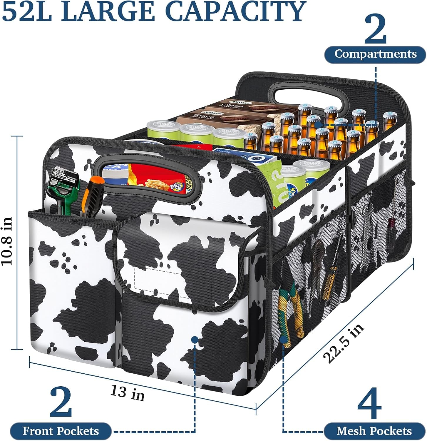 Car Trunk Organizer, Cow Print, Vintage Style, 52L Capacity, 4 Compartments, Waterproof, Non-Slip, Collapsible, 22.5"D X 18"W X 10.8"H