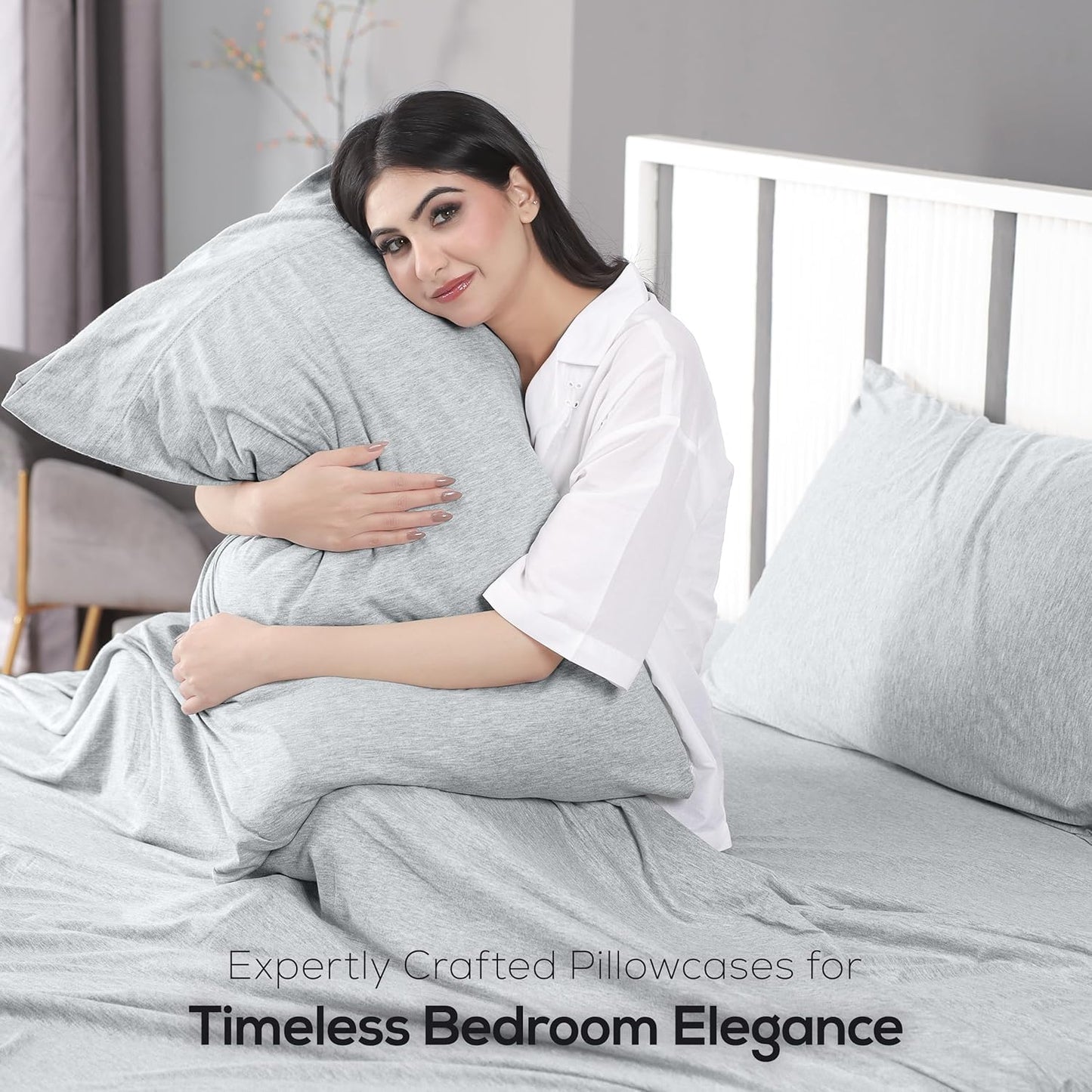 Queen Sheet Set - Jersey Knit Sheets 4 Piece – Cotton – Soft T-Shirt Stretchy Sheets (Heather Light Grey)