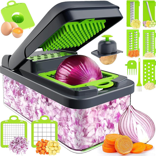 12-in-1 Vegetable Chopper with 7 Blades and Container, Versatile Food Preparation Tool, Cheese Grater, Essential Kitchen Gadget (Green/Grey)