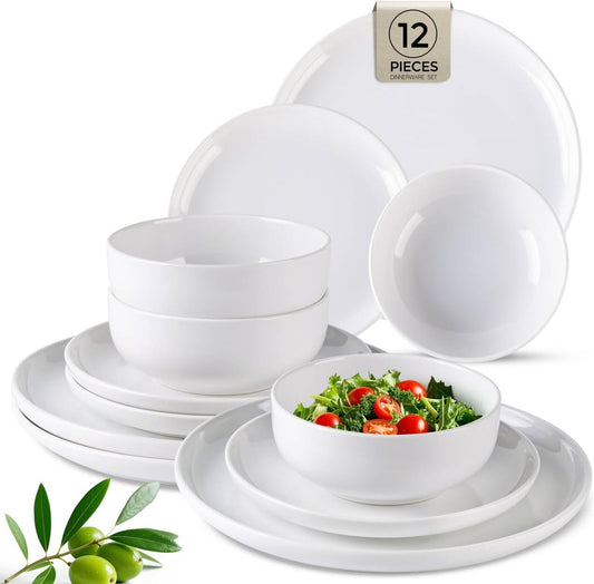 12-Piece Ceramic Dinnerware Set, Stoneware Plates and Bowls, Dishwasher and Microwave Safe, Service for 4 - White