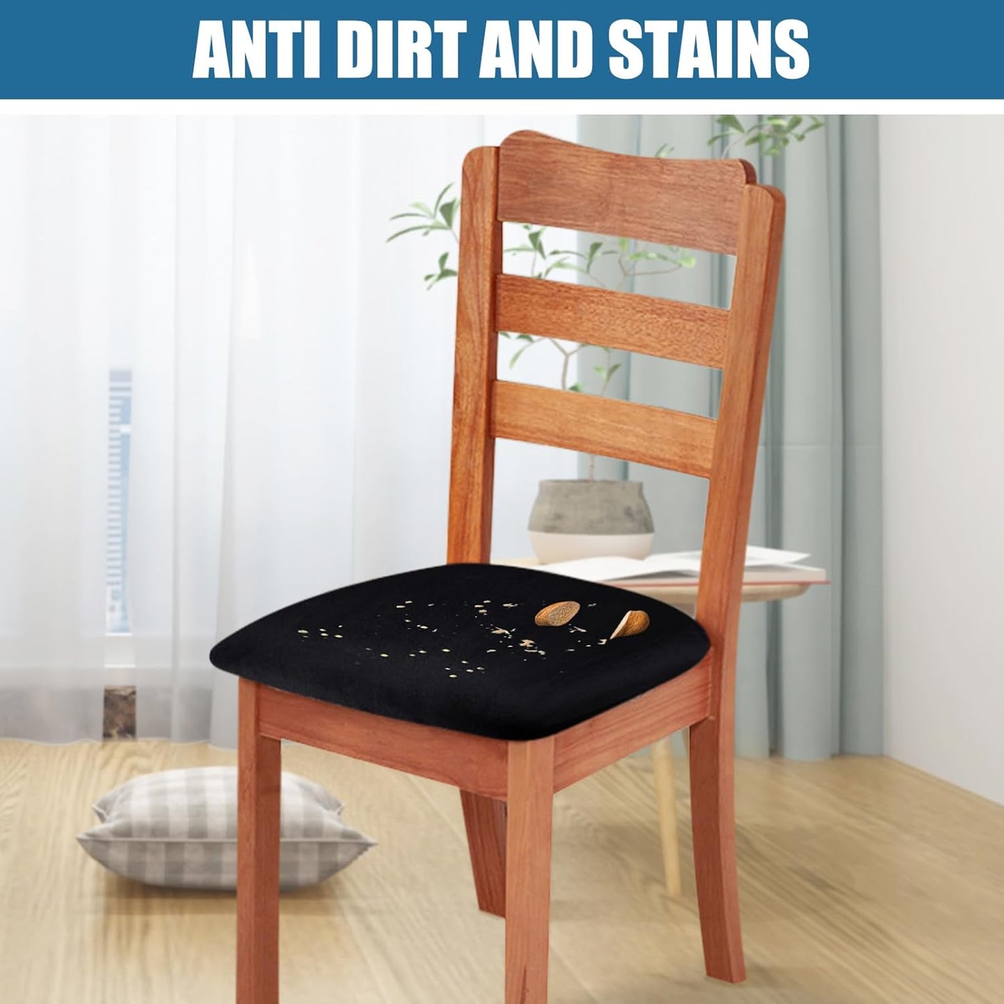 Velvet Seat Covers for Dining Room Chair Set of 2, Stretch Fit Removable Washable Chair Seat Cushion Protector Slipcovers with Ties, Black