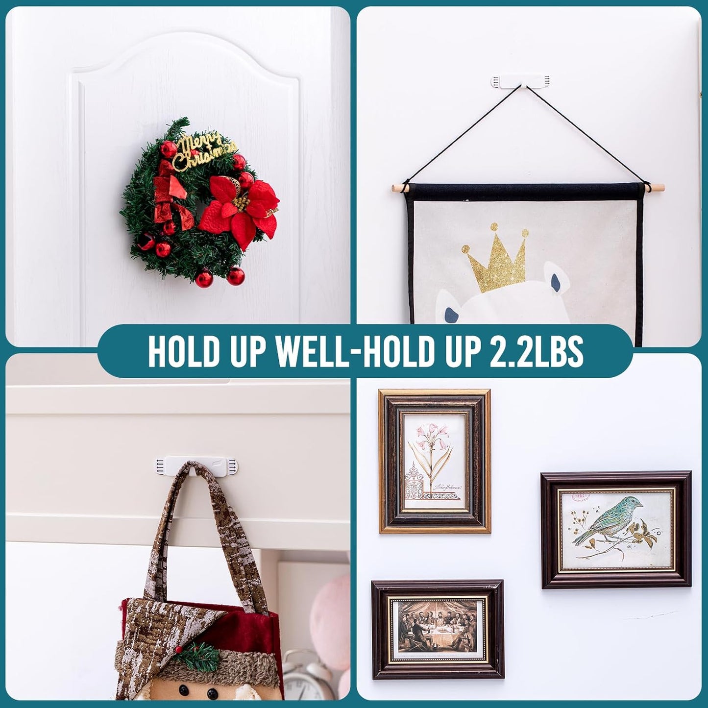 Picture Hangers 4 Pack, Adhesive Hanging Hooks without Nails, No Damage Sawtooth Hangers, Art Hanger for Bathroom Kitchen Home Door Closet, Inclue 2 Extra Strips