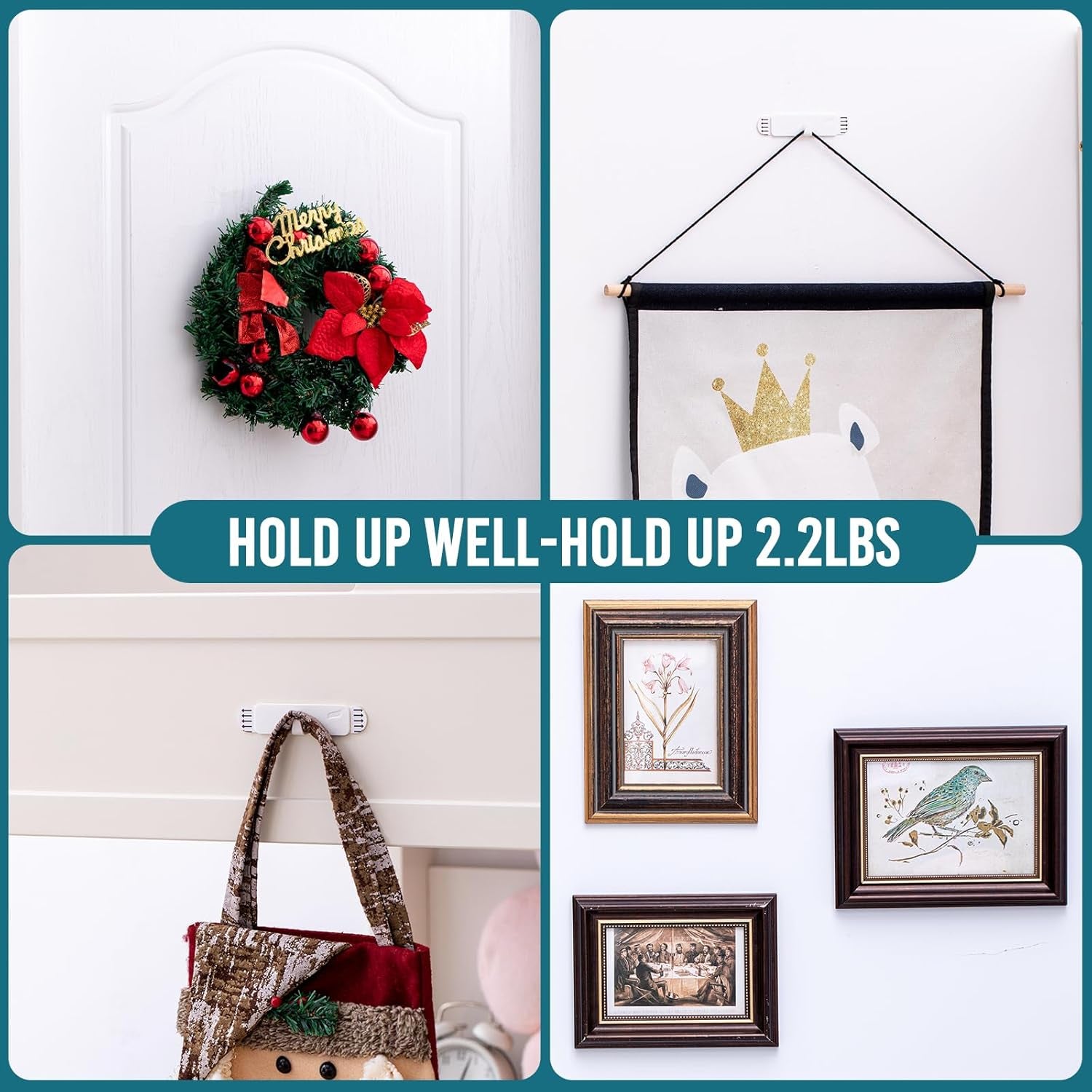 Picture Hangers 4 Pack, Adhesive Hanging Hooks without Nails, No Damage Sawtooth Hangers, Art Hanger for Bathroom Kitchen Home Door Closet, Inclue 2 Extra Strips