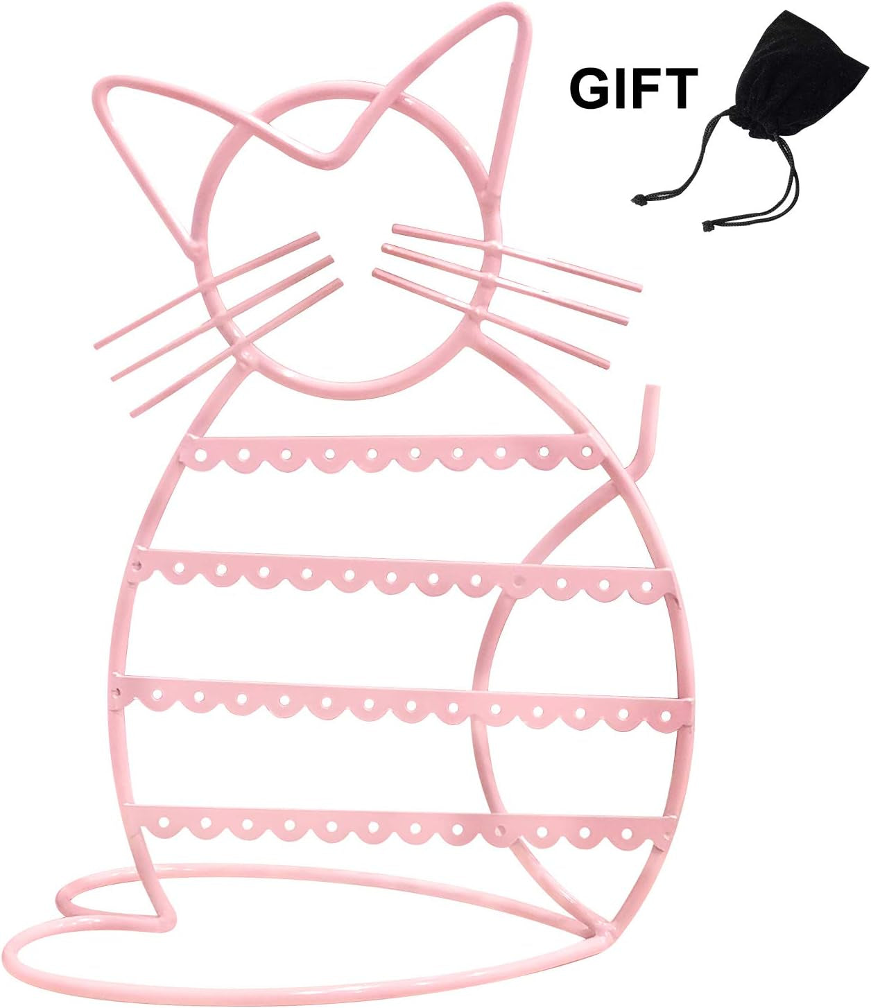 Jewelry Organizer Stand Cat Shaped Earring Holder Organizer Metal 48 Stud Earring Holes Jewelry Holder, Metal Jewelry Display Vanity Organizer for Girls - Macron Pink