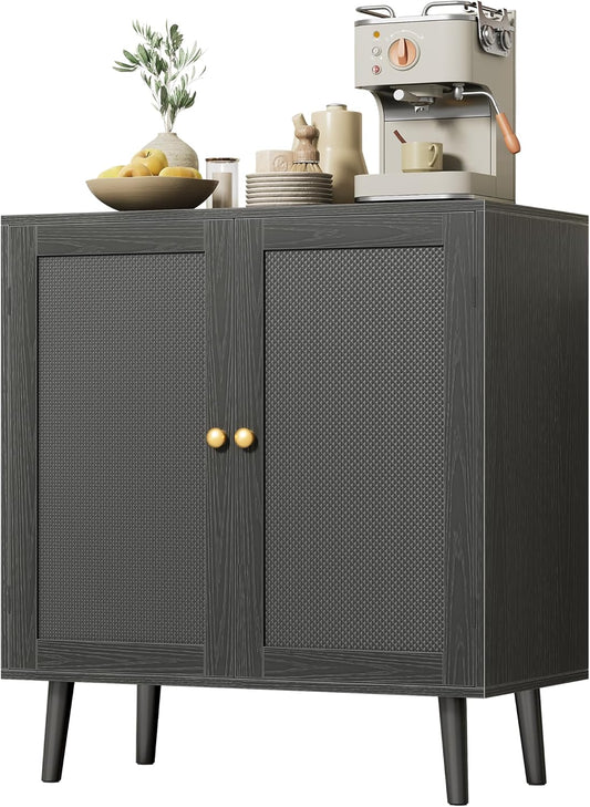 Elegant Buffet Cabinet with Storage, Featuring PE Rattan Decor Doors and Solid Wood Feet, Ideal for Hallway, Entryway, and Living Room, All Black Finish
