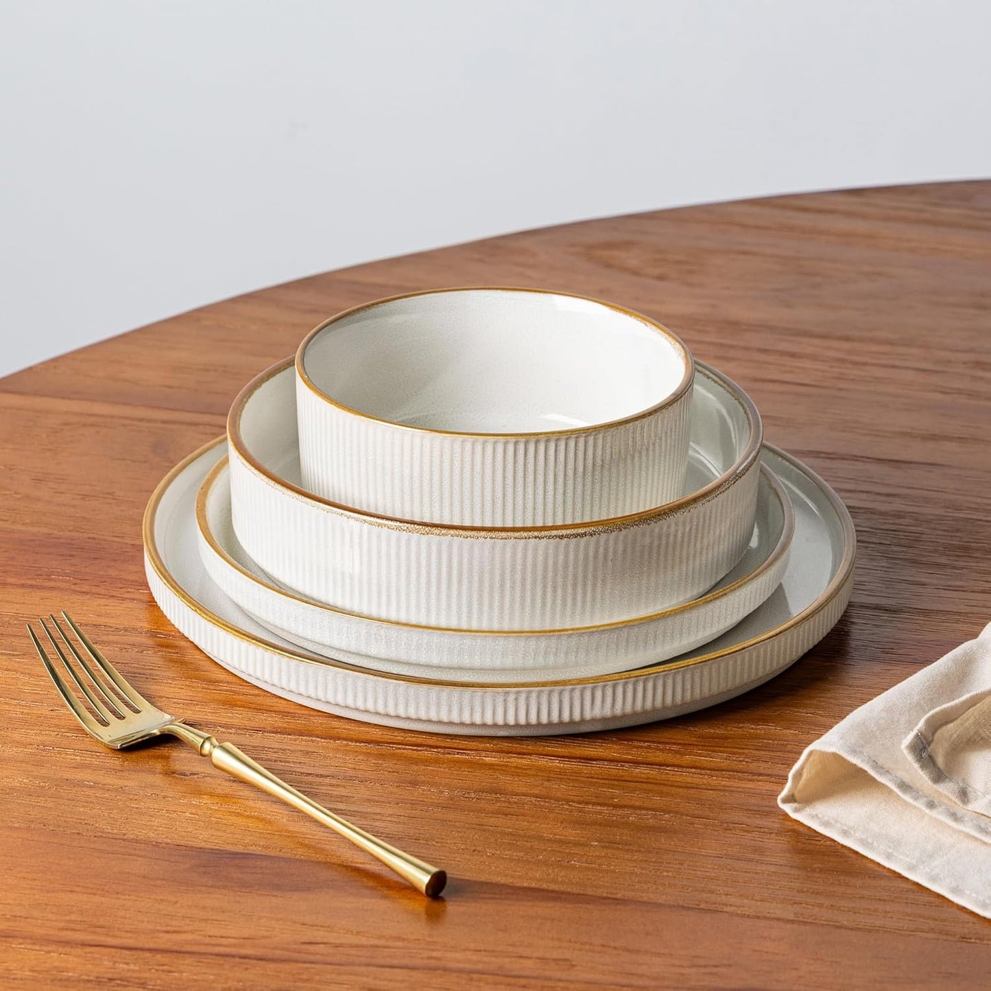 Stoneware Dinnerware Set for Four - Round Reactive Glaze Ceramic Plates and Bowls, Highly Scratch Resistant, Dishwasher and Microwave Safe, 12 Pieces