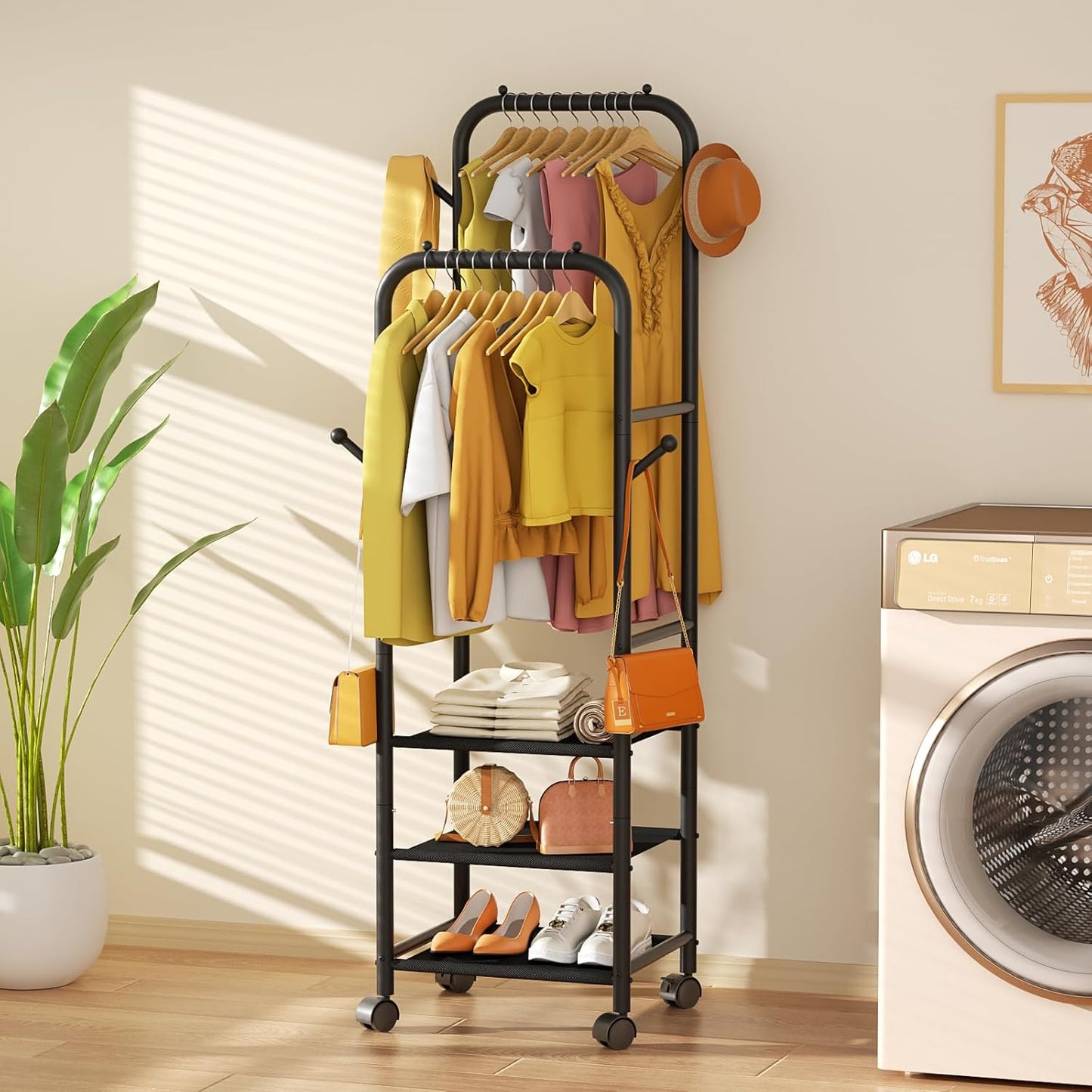 Rolling Clothing Racks for Hanging Clothes, Double Rods Clothes Rack with Wheels, Sturdy Coat Racks,Portable Metal Garment Rack for Bedroom Laundry Living Room, Black