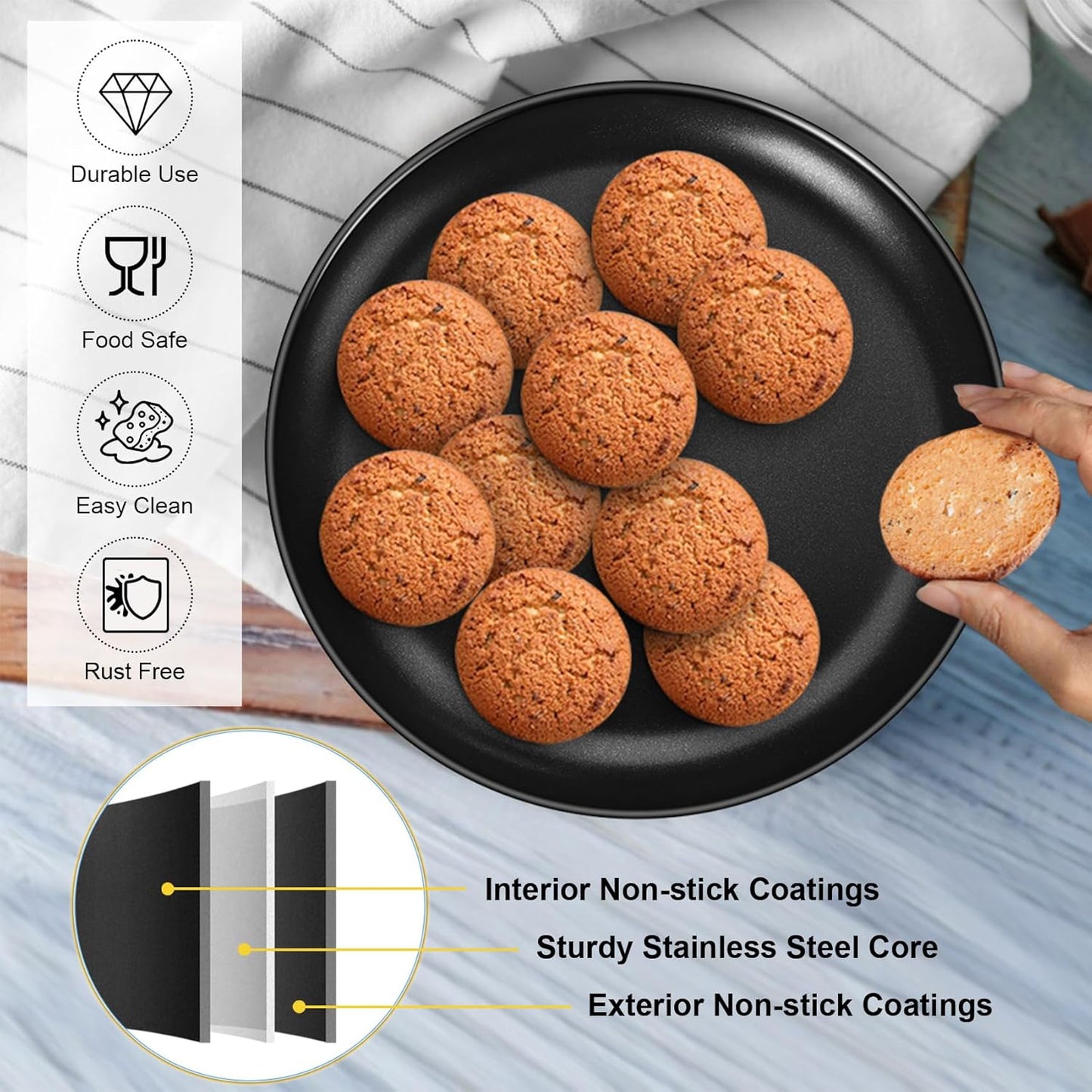 Pizza Pan Bakeware for Home Kitchen, Stainless Steel Pizza Tray for Baking Pizza, Healthy & Reusable & Easy Clean, Oven & Freezer Safe, 12 Inch & Black