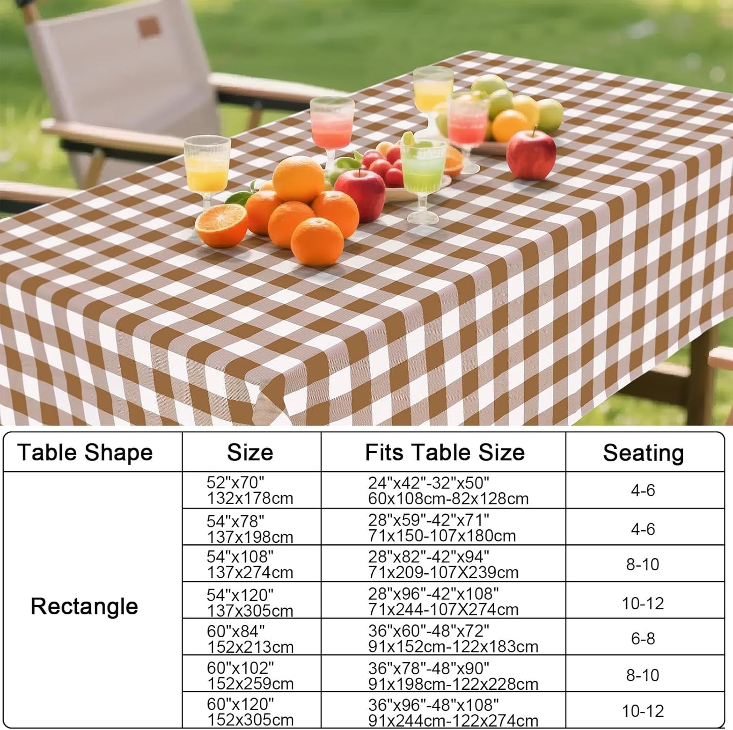 Waterproof Vinyl Rectangle Tablecloth with Flannel Backing, Wipeable Buffalo Plaid Design for Indoor and Outdoor Dining (Brown & White, 60" x 84")