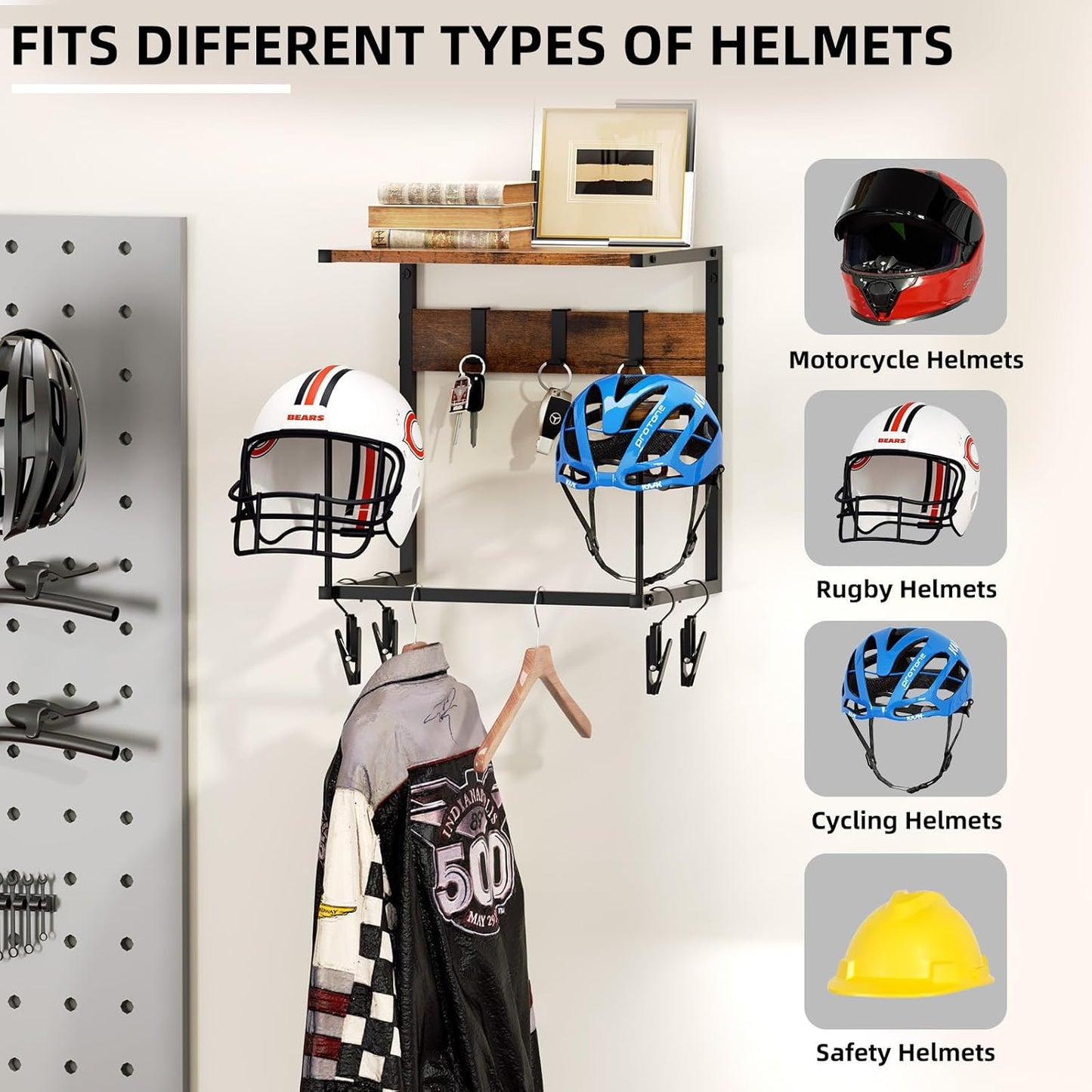 Motorcycle Helmet Holder Wall Mount, Helmet Rack with 2 Hat Stands, Helmet Stand for Display Wall Mount, Motorcycle Accessories Gear Storage for Men, Small